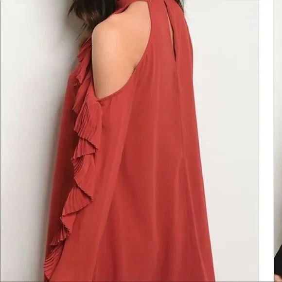 Solid Pleat Ruffle Trim Cold Shoulder Top                  - Picture 3 of 4